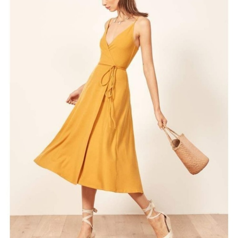 Reformation Vicky Ribbed Ochre Mustard Wrap Dress
